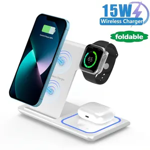 Foldable 3-in-1 Wireless Charging Station, 15W Fast Wireless Charger Stand with Ambient Light, Portable Wireless Charger Dock Compatible with iPhone 15, 14, 13, 12, 11/Pro/Max/Mini/Plus, X, XR, XS/Max, SE, 8/Plus, Compatible with iWatch 1-9, Compatible wi