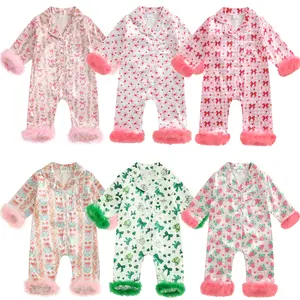 Newborn Baby Girl Easter Pajamas Fuzzy Trim Long Sleeve Romper Jumpsuit Button Down Nightgown Infant Silk Pjs Baby Sleepwear