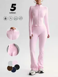Women's Solid Color Zipper Jacket & Pocket Flare Pants Set, Yoga Clothes Set, Perfect for Yoga Gym Outdoor Sports, Comfortable Breathable Autumn Winter