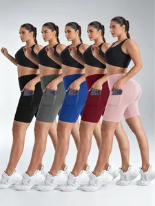 5pcs Women's High-waisted Yoga Shorts In 5pcs, with Pockets, Abdominal Support, Suitable for Fitness, Running And Cycling. They Are Sweat-absorbing And Elastic Cycling Pants