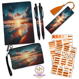 Echoes of Nature Orange Sunset Cozy Add‑On Bundle – Personalized PU Leather Journal with Pens, Bookmark, Stickers & Linen Pouch  Kat’s Journal Nest