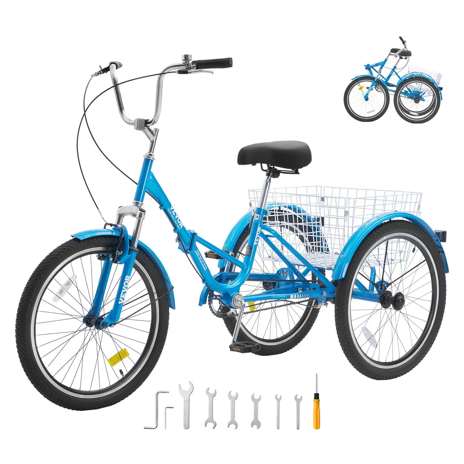 VEVOR Folding Adult Tricycle, 24-Inch Carbon Steel 3-Wheel Cruiser Bike with Bike Handlebar, Large Basket, Adjustable Seat, Single Speed, Dual Brake System, Easy Installation, Colorful User Manual (Blue)