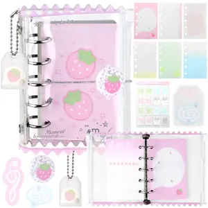 Kawaii M5 5 Rings Binder Notebook PVC  Strawberry Loose Leaf Binder Refillable Spiral Notebooks Daily Journal Cute Small Zipper Pocket Notebook Journaling Notebooks For School Office Supplies