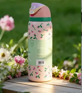 32oz SWAY Stainless Steel Vacuum Insulated Flask - Kawaii Pink Rose Bud Cover, Straw & Portable Lid, Reusable European Kitchen Drinkware for On-the-Go Hydration Insulation Sports Bottle