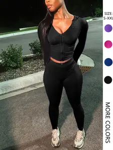 Women's Solid Color Zipper Jacket and Tight Pants Set, Casual Long Sleeve Hooded Outerwear and Pants, All Season Sportswear, Yoga Clothes Set