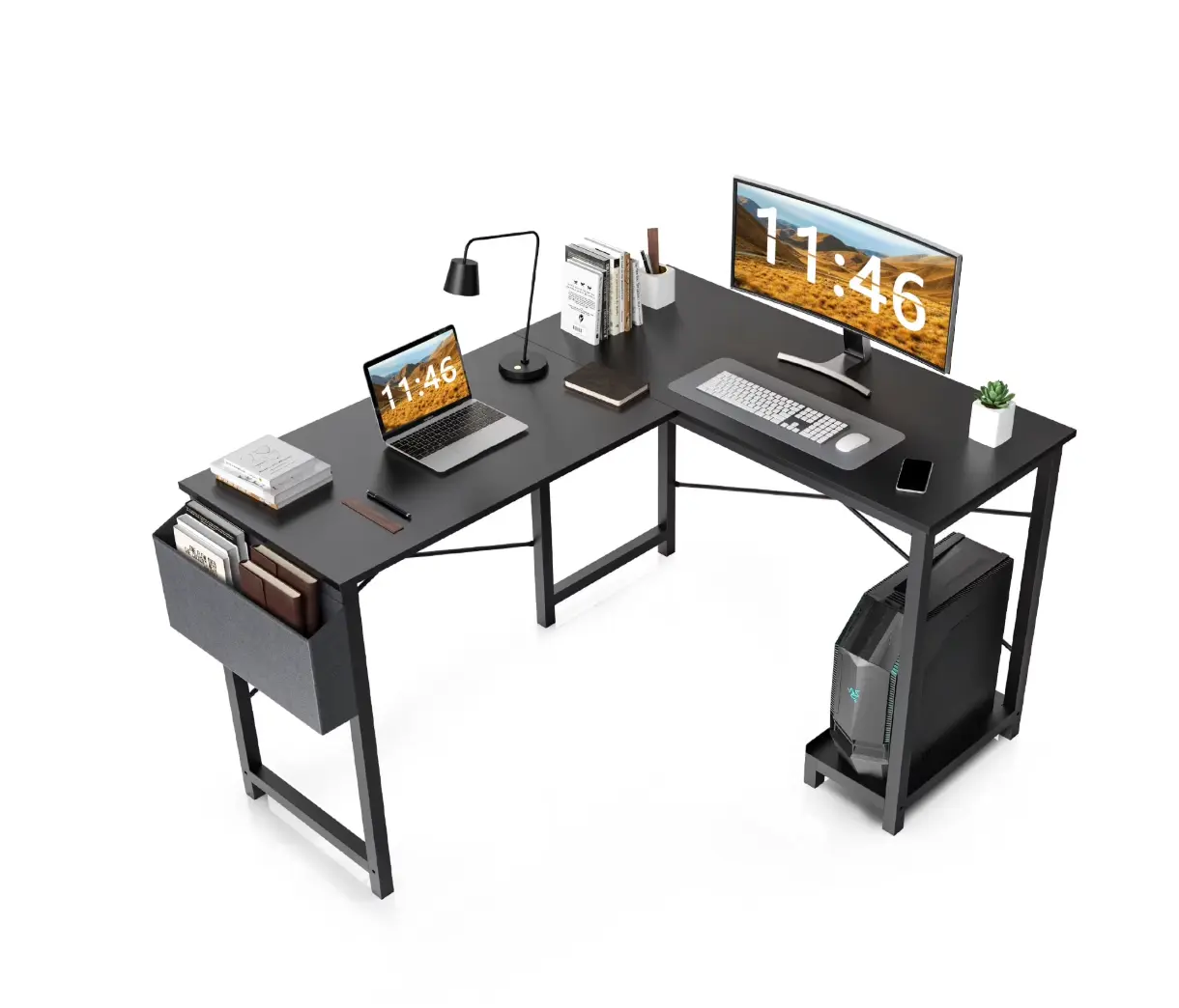 49in Reversible L Shaped Computer Desk with Storage, Coner Desk with Wooden Desktop, CPU Stand and Side Bag for Home Office & Gaming, Black