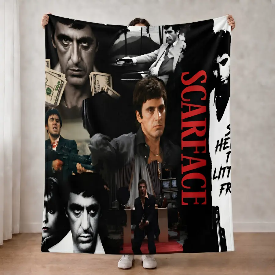 Vintage Crime Boss Collage Blanket, Red Black Gangster Style Throw, Money Theme Fleece Blanket, Movie Lover Gift