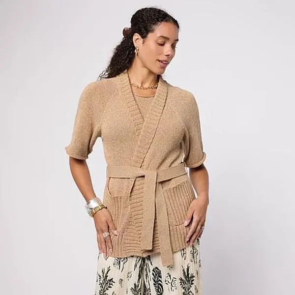 MarlaWynne WynneCollection Short-Sleeve Shawl Collar Belted Cardigan