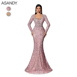 ASANDY Women's Sequin Mermaid Dress Long Sleeve Beaded Deep V Formal Evening Gown for Prom Party Wedding Guests