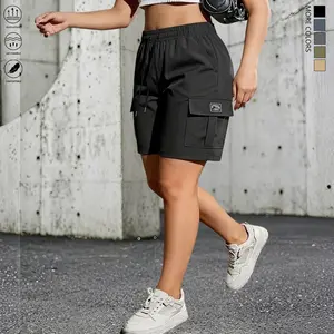 Women’s cargo shorts with multiple pockets, mid-length casual athletic design — elastic waistband, straight cut, machine-washable fabric; suitable for outdoor activities, workouts, and everyday wear; non-see-through material that pairs well with various o