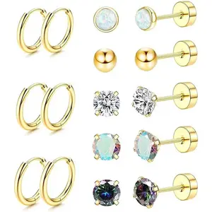 Flat Back Earrings Set 16 PCS for Multiple Piercing Small Cartilage Huggie Hoop Earrings Titanium Tiny CZ Pearl Opal Stud Earrings for Women