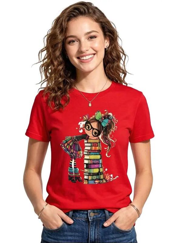 Women's Fitted Soft Cotton Cropped Crew Neck Short Sleeve Korean T-Shirt - Lightweight, Heat Transfer Book Lover Print, Halloween Holiday New Year Gift, Casual Streetwear Tops, Do Not Bleach