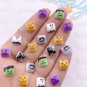  30pcs Mixed Resin Mini Colorful Halloween Decor Cartoon Pumpkin Ghost Spider 9mm Square Flat back Stone Art Scrapbook DIY Crafts