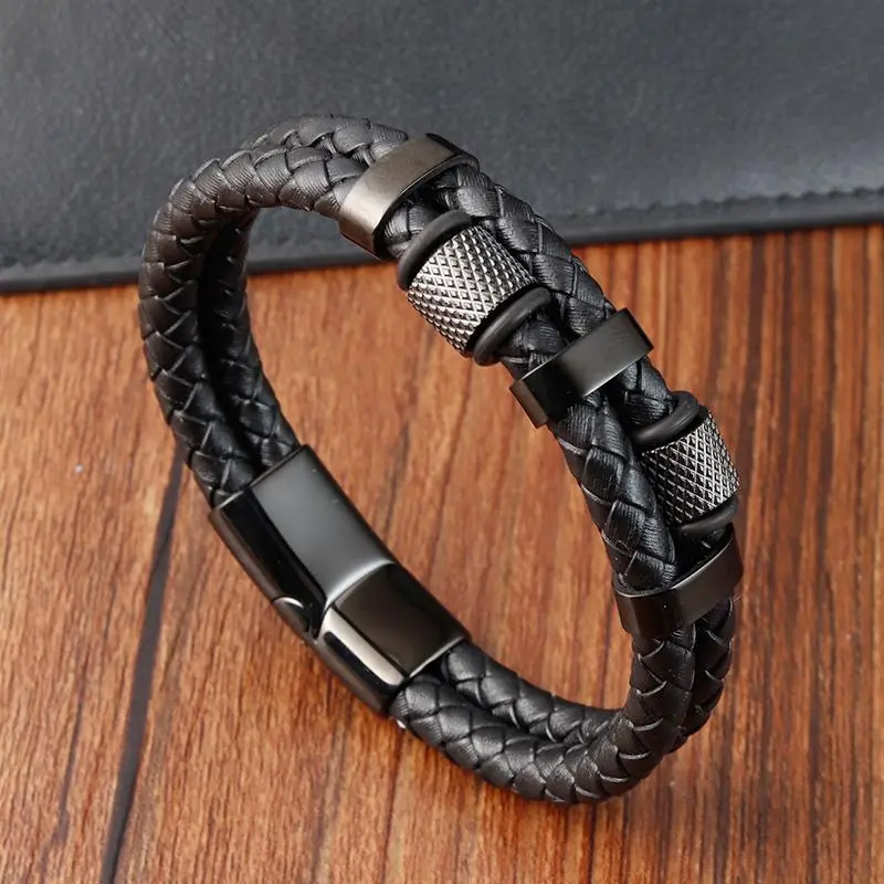 Unisex Polished Metal Bangle - Braided Stainless Steel & Leather Wristband with Mirror Finish, 21cm, Fade-Resistant, 5% Discount