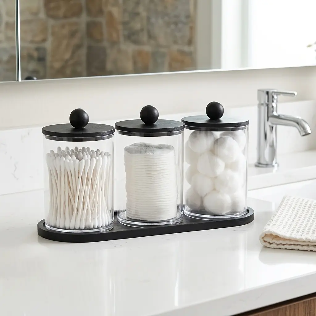 3 Pack Qtip Holder Bathroom Organizers and Storage Box Cotton Swab Holder with Tray for Cotton Balls and Dental Floss, Clear Apothecary Jars with Lids, Set, Transparent Container, Multipurpose Storage, Home Organization Containers