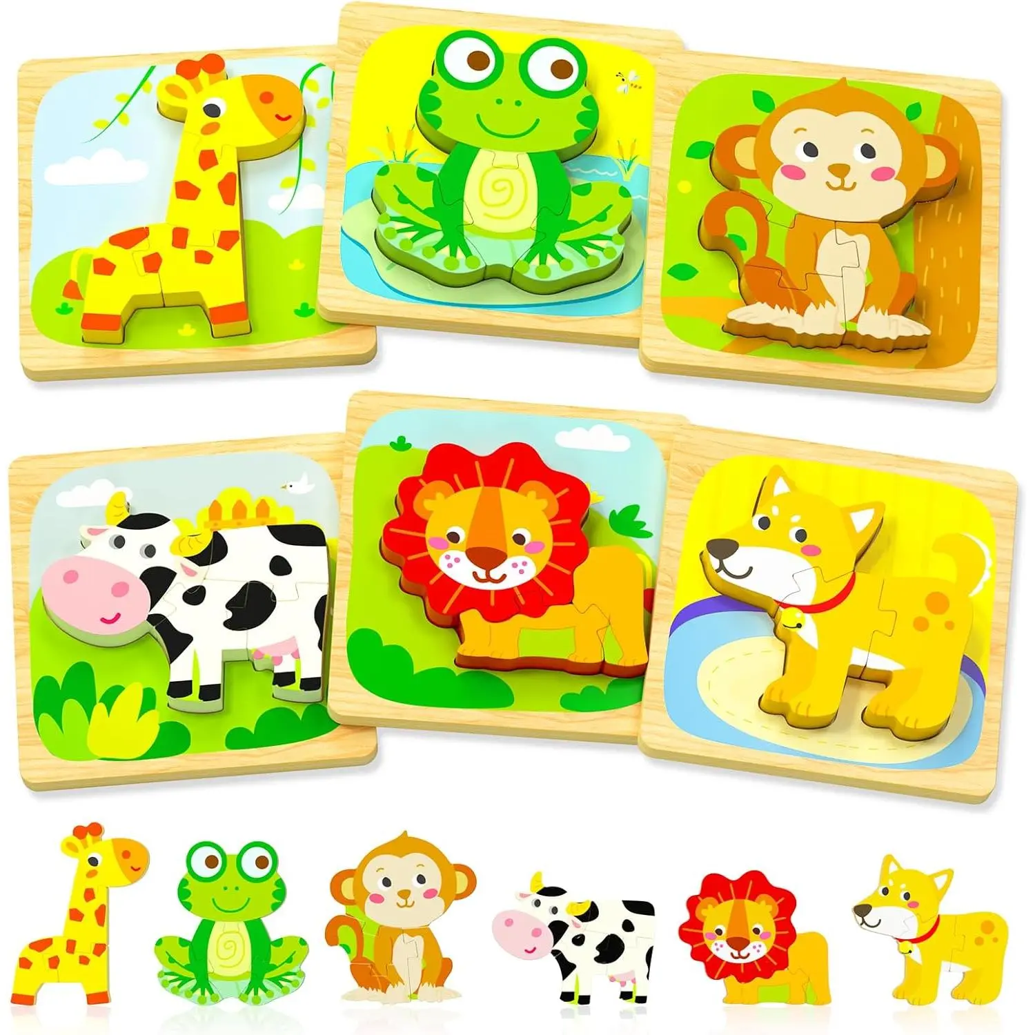 P-ITC026 Bright Wooden Montessori Toddler Puzzles - 6 pcs Animal (Puppy, Giraffe, Cow) Educational Preschool Toys, 5.8 x 5.8 x 0.2 inches, Ideal Gifts for 1-3 Year Old Boys & Girls, Wooden Montessori Toys