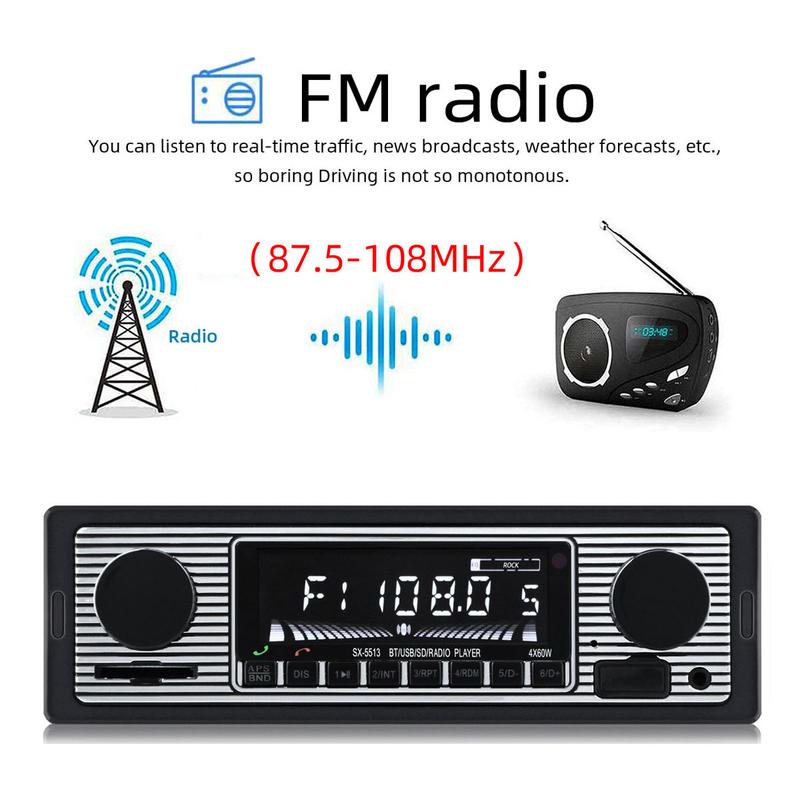 FYPLAY Classic Bluetooth Car Stereo FM Radio Receiver Hands-Free Calling Built-in Microphone USB SD AUX Port Support MP3 WMA WAV Dual Knob Audio Car Multimedia Player Remote Control cars auto accessories