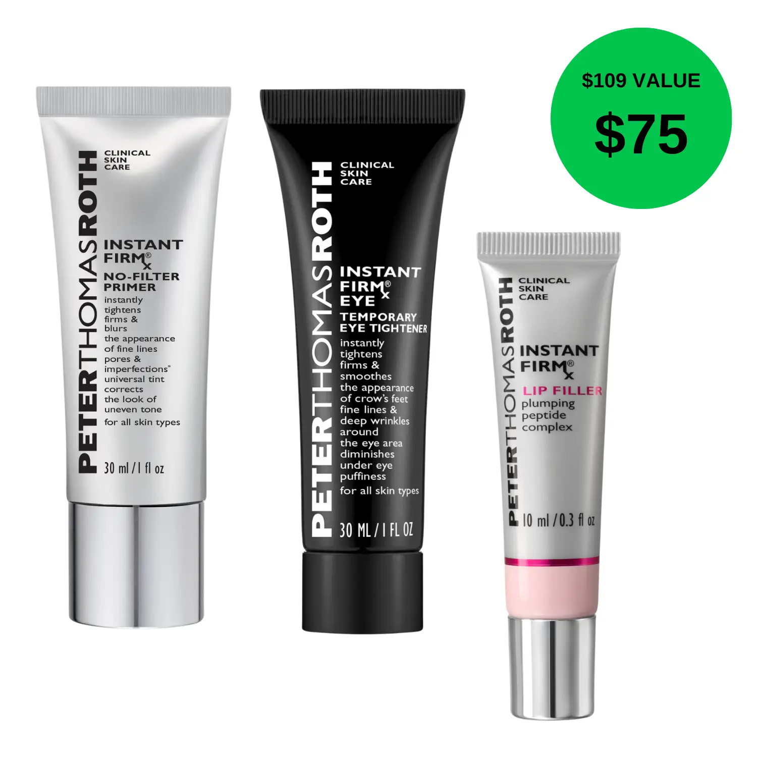 Peter Thomas Roth Instant FirmX Essentials Full Size 3-Piece Bundle with No-Filter Primer, Lip Filler and FirmX Eye Tightener
