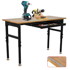 60-Inch Height Adjustable Workbench with Drawers and Power Outlets, Solid Rubber Wood Top Heavy Duty Garage Tool Table, Workstation with Pegboard, Hooks and Ruler