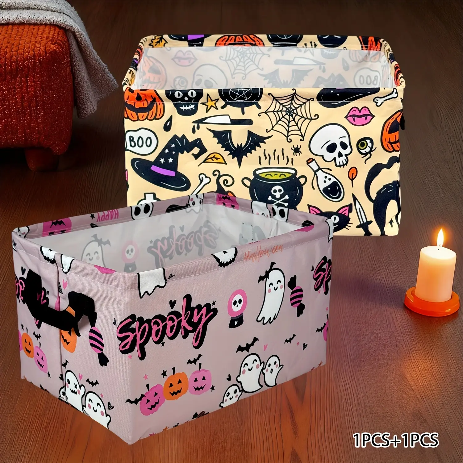 2pcs Large Bohemian Style Halloween Fabric Storage Baskets with Spooky Ghosts, Witches, Bats & Pumpkins - Pink & Black Multifunctional Organizer Boxes for Home, Office,, Party Decor - Durable -like Shelf Bins, Shelf Baskets