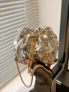 Summer Trendy Bucket Bag with Tassels and Shiny Sequins, Drawstring Large Capacity Shoulder Crossbody, Fashionable Versatile Tote, Casual Trendy Purse