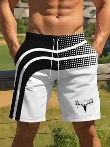 Men's 3D Print Geometric Stripe Summer Beach Pants, Adjustable Drawstring Waist, Casual Fitted Style for Beach & Summer Outings, Swim Shorts, Swim Trunks, Swimming Trunks