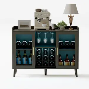 Garvee Modern Bar Cabinet with LED Light, Wooden Kitchen and Living Room Furniture Featuring Glass Holder, Doors, and Bottle Rack for Home, Cafe, Buffet, and Lounge