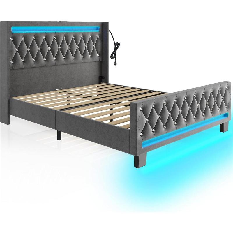 Queen Bed Frame with LED Light and Charging Station, Upholstered High Headboard and Footboard, Wood Slats, Noise Free, Easy Assembly, Grey