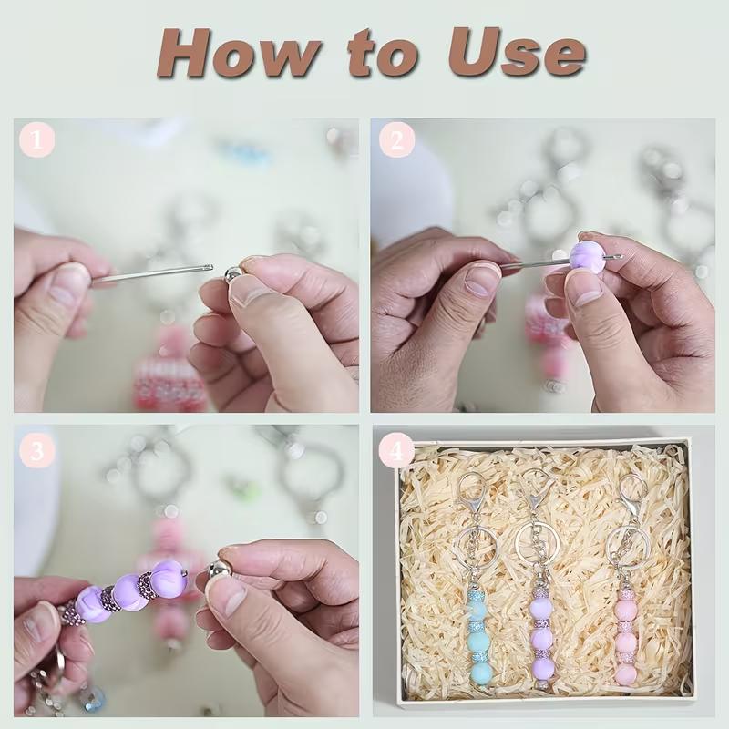 6 Set Beadable Keychains, Bulk Beadable Keychains Bars DIY Blank Keychain, Metal Beaded Keychain with Bars Silicone Beads Spacer Beads