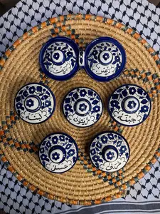 Breakfast Set multicolored Zeit & Zatar and Zaytoon Bowl Ceramic Handmade and Hand Painted Made in Palestine زيت وزعتر وزيتون خرف فلسطيني