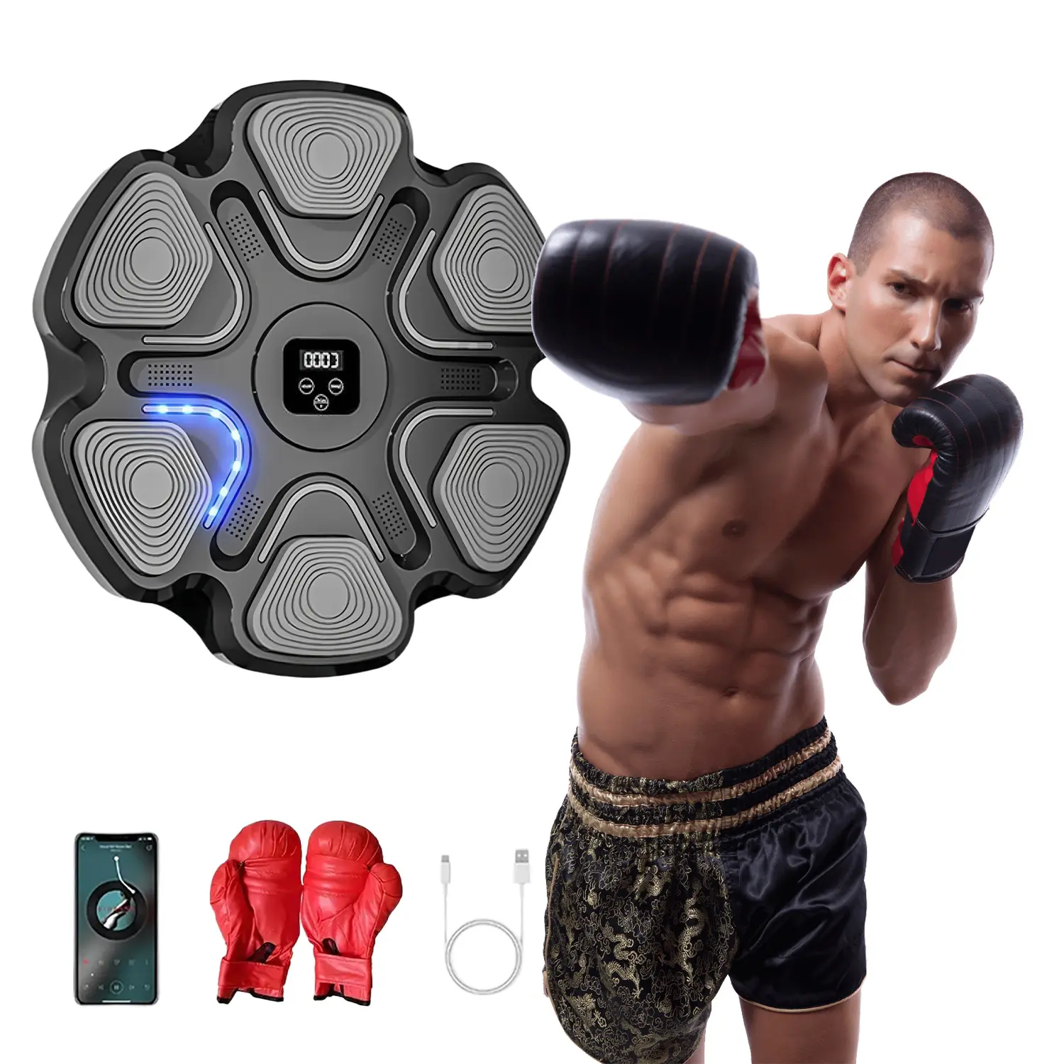 Interactive Boxing Trainer - Wall-Mounted Bluetooth Music Boxing Equipment with Gloves, Type-C Charging for Adult Home Workout