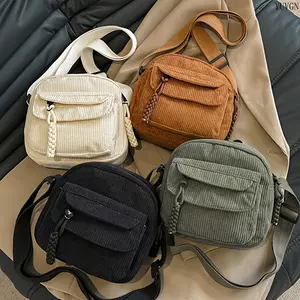 Vintage Corduroy Crossbody Bag for Students, Casual Harajuku Japanese Style Shoulder Handbag, Zipper Closure Striped Pattern Sling Purse, Unisex Lightweight Small Bag in Black, White, Green & Light Brown, Ideal for School, Daily Commute & Casual Use