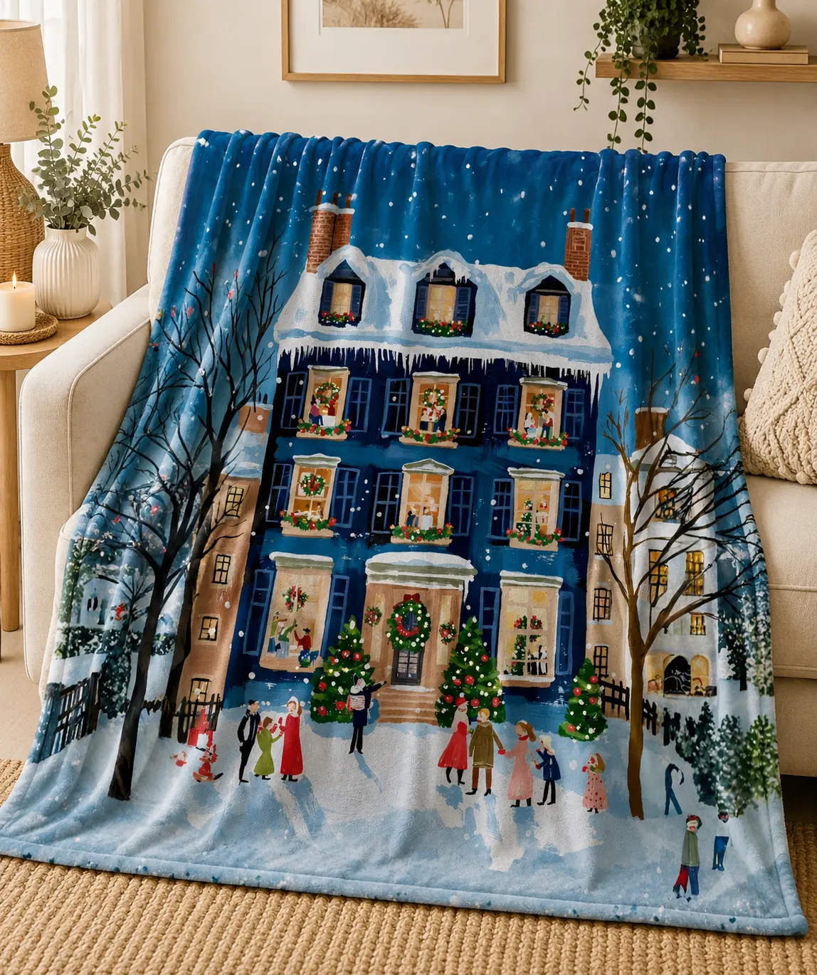 Holiday Snowy House Velveteen Plush Blanket - Cozy Christmas Throw, Festive Theme Living Room Decor, Plush Weave, Cozy Texture, 17% Spandex