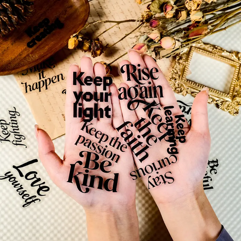 56pcs Black and White Minimalist Inspirational English Short Sentences Transparent PET Material Graffiti Decoration Stickers. Suitable for Suitcases, Phone Cases, Laptops, Helmets, Skateboards. Waterproof Decorative DIY Creative Stickers.