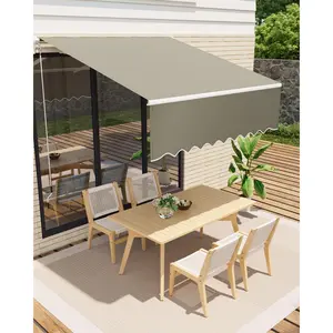Manual Retractable Patio Awning 12x10 FT, Waterproof UV Resistant Polyester Sun Shade with Crank Handle & Aluminum Frame for Deck Porch Balcony