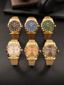 RICECGO Men's Quartz Watch features a dial with diamond hour markers, Hardlex Glass, and dual calendar display. Powered by a quartz movement, it offers durability with understated luxury styling, making it suitable for daily commuting