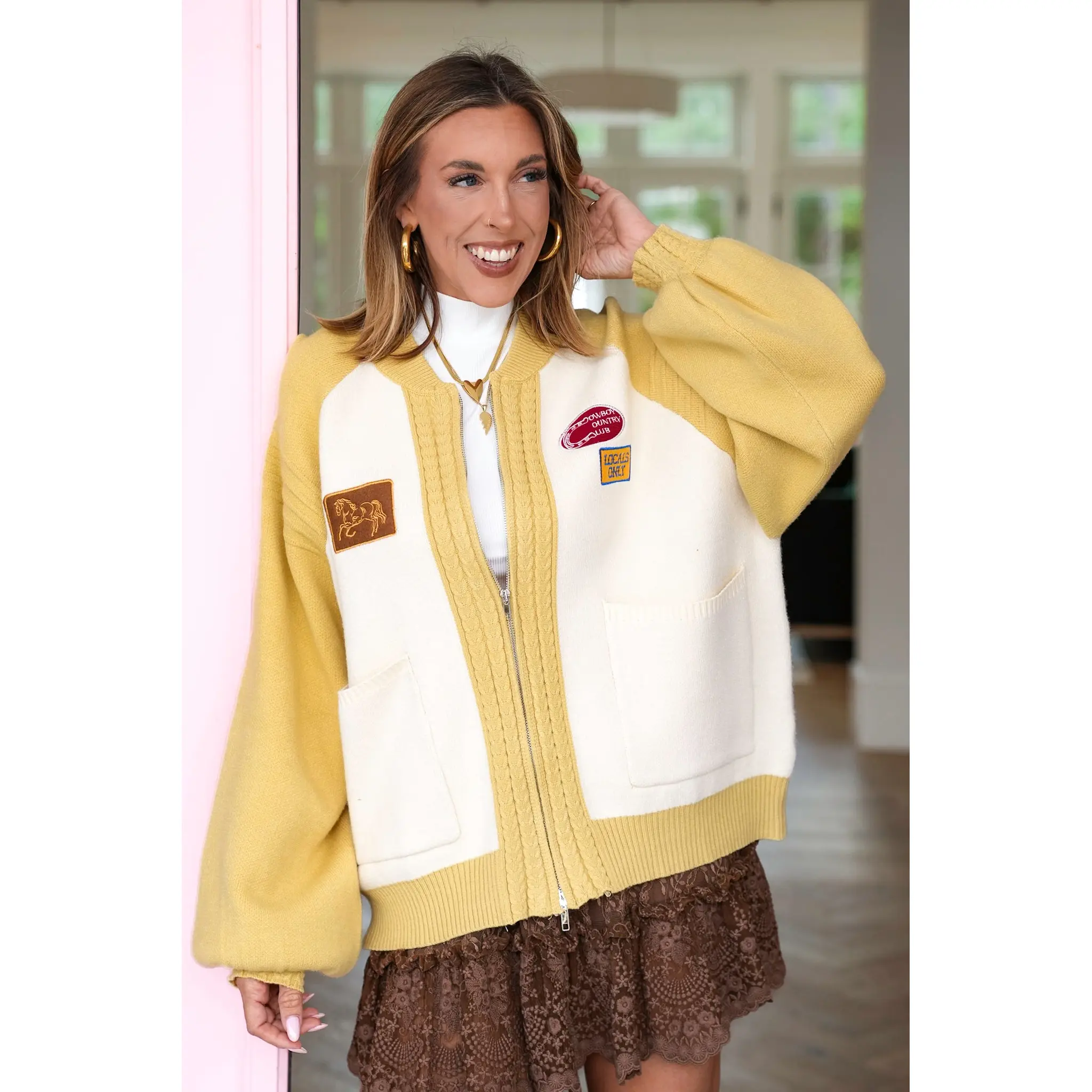 Plus/Reg Long Sleeve Zip Up Sweater with Western Patch