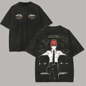 Menswear Chainsaw Man Makima Printed Unisex Short-Sleeve Casual Distressed Festive Washed T-Shirt 33