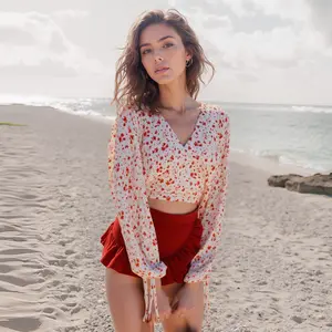 Women's Floral Wrap Front Crop Blouse In Coral Gold Fit Shirts