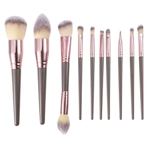 VOCOSTE 10 Pcs Makeup Brush Set, Travel Makeup Brush Kit for Foundation Contour Concealer Blush, Plastic Metal Handle, Champagne Brown Rose Gold Tone
