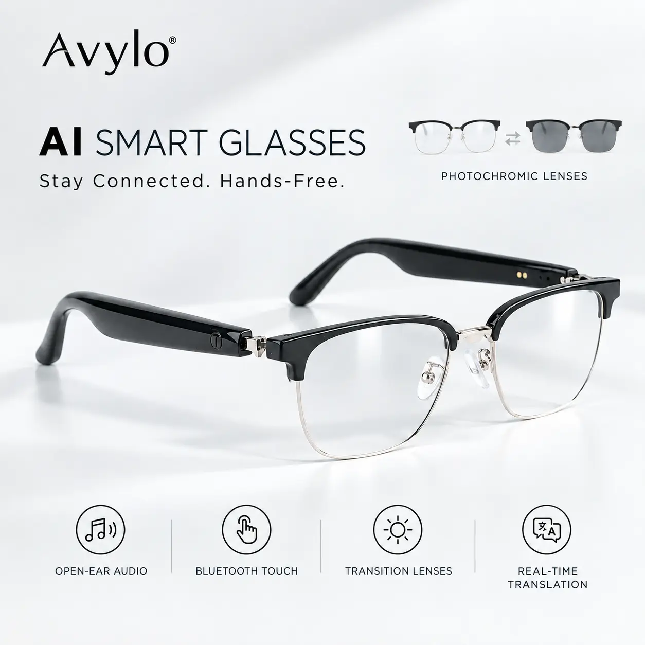 Avylo Smart Audio Glasses - Open-Ear Bluetooth Speakers, Touch Control, Photochromic Lenses for Travel, Outdoor Use