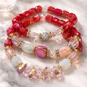 Elegant Beaded Bracelet Set with Red & Pink Faceted Beads and Gold Accents for Women