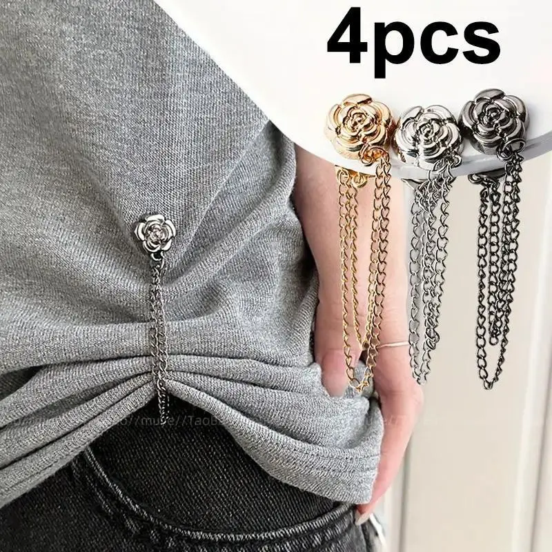 4pcs Camellia Design T-Shirt Buttons, Adjustable & Decorative, Elegant Casual Buttons, Durable Short Sleeves, Overlong Hem Fixing, Fashion Pins, Metal Fasteners