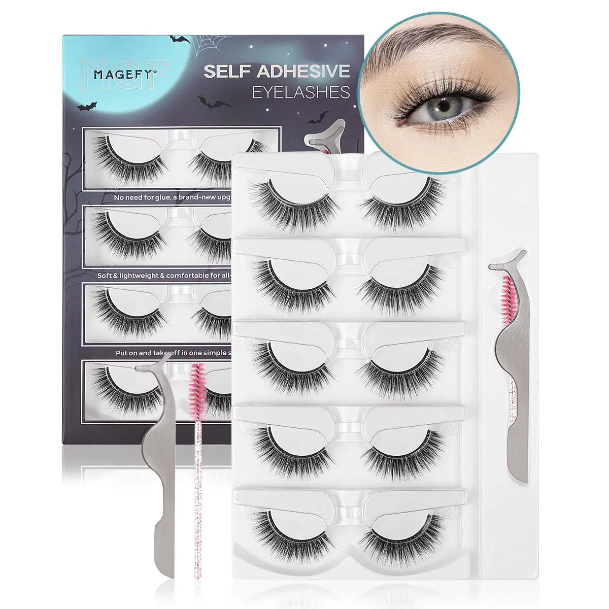 Self Adhesive False Eyelashes Set, Cosmetic Eyelashes, 5 Pairs Natural Look Fake Eyelash with Applicator & Brush, Convenient Glueless Eyelashes for Travel, Dating, Parties, Beginner Friendly Lashes