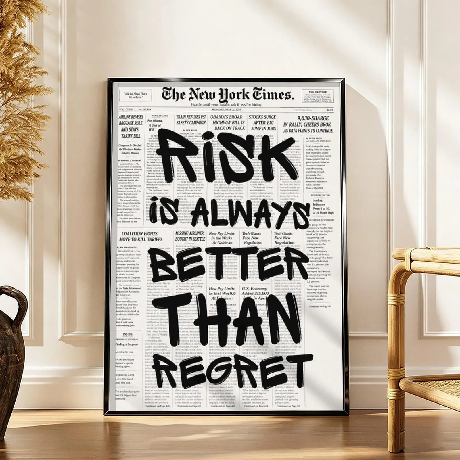 "Better Than Regret" Black and White Motivational Typography Newspaper Poster Canvas Print, Home Wall Decor Ideas for Bedroom, Office
