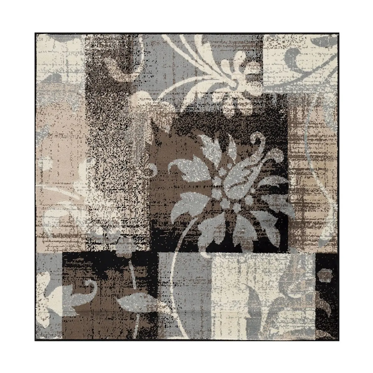 HomeRoots 8 ft. Square Casual Rug - Power-Loomed, Distressed, Stain-Resistant, Durable Beige & Gray Floral Area Rug, Ideal for Kid Room & Bedroom Modern Indoor Decor, Floral Area Rugs