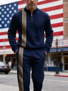 Men's fashion casual zipper stand up collar long sleeved pants set, 2-piece set, simple yellow and white pattern design, adjustable drawstring elastic waistband, comfortable vacation gift set