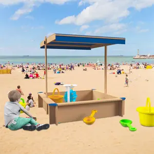 Children's Wooden Sandbox with Adjustable Canopy, Sandpit with Covers, Kids Wood Playset for Outdoor Backyard,45.3"L x 45.3"W x 46.5"H