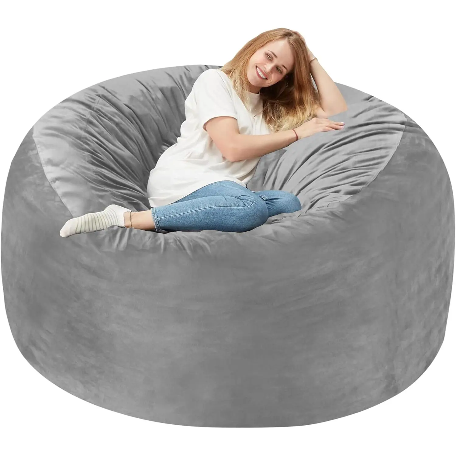 Homguava 4 FT Bean Bag Chair: 4' Bean Bags with Memory Foam Filled, Large Beanbag Chairs Soft Sofa with Dutch Velvet Cover-Light Grey