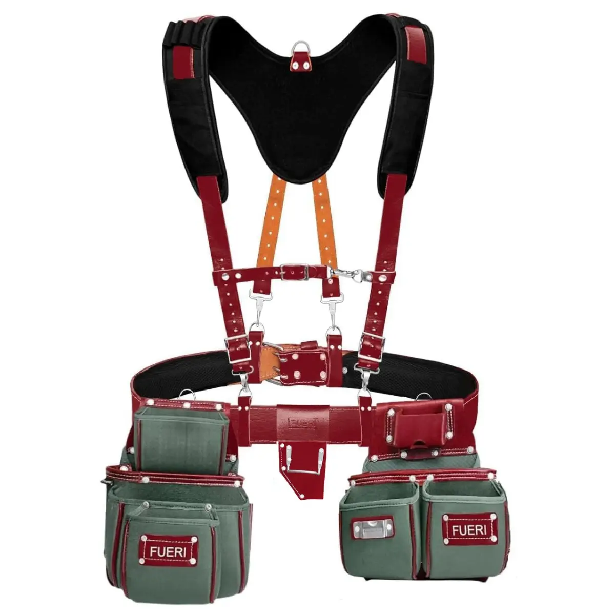 FUERI Nylon & Leather Heavy Duty Tool Belt with Suspender - 19-Pocket 14x12x6 inch Multi-Pocket Nylon Tool Bag, Adjustable Foam Padded Belt, 4 D-Loops, Hammer Holder for Carpenters